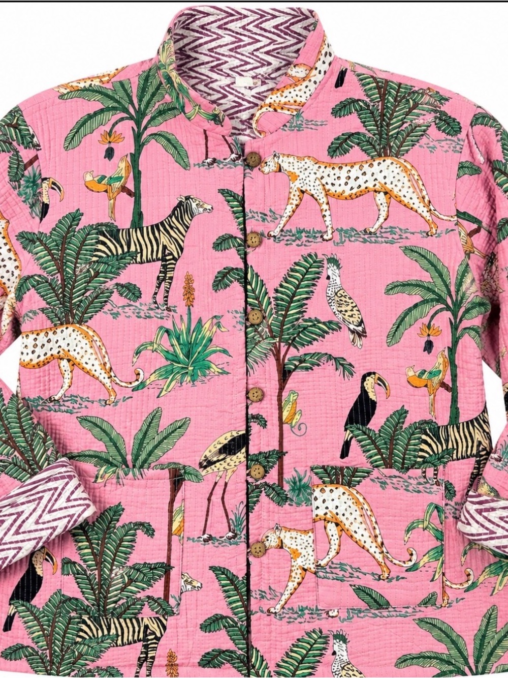 Artsy Cotton Safari Sz 14/16 Reversible Pink Tropical Jungle Print Women Jacket - Picture 3 of 6